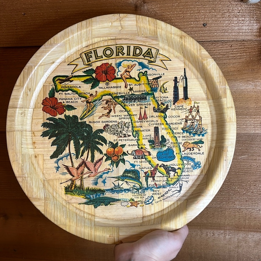 Vintage Florida Bamboo Souvenir Plate Decor Art Floral Hawaiian State Novelty